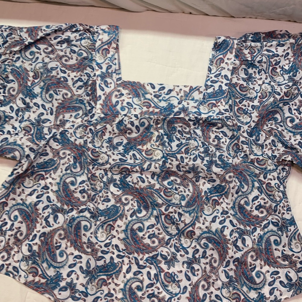 Terra & Sky NWT 2X‎ Boho Square Neck Blouse | Paisley Ruffle Hem Short Sleeves